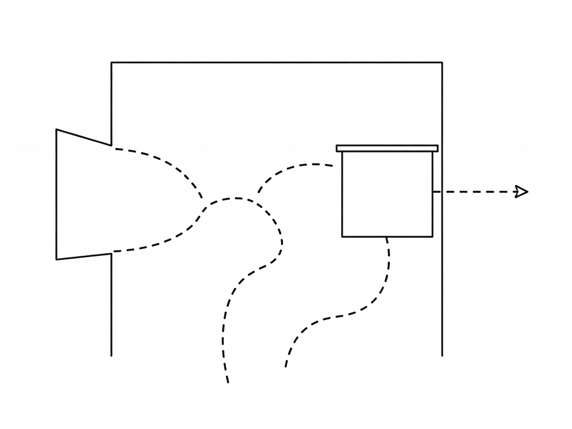 Conceptual bedroom clearance diagram showing door swing, drawer extension and a walking route without prescribing dimensions