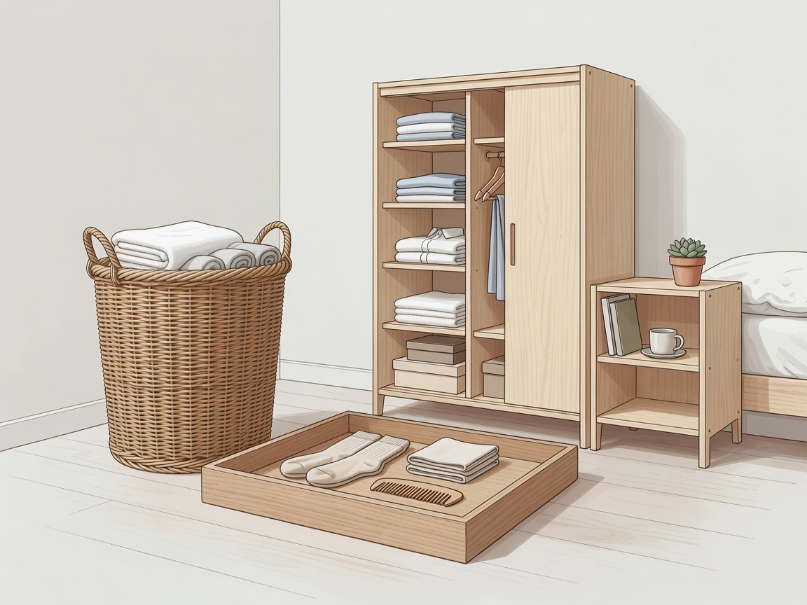 Conceptual bedroom storage grouping with a laundry basket, shallow tray, wardrobe and bedside shelf