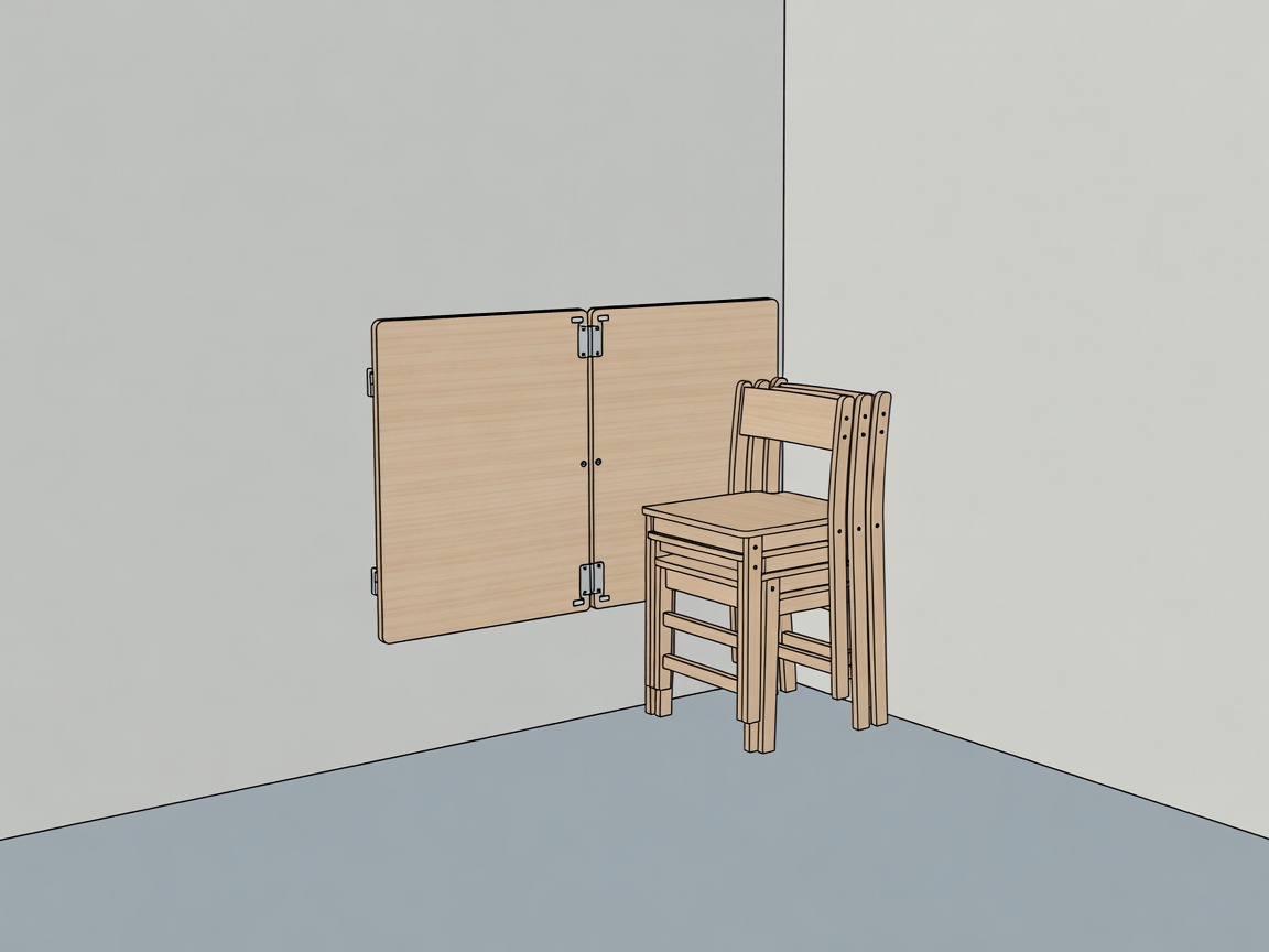 Conceptual compact room with a folded table stored against a wall and chairs nested beside it