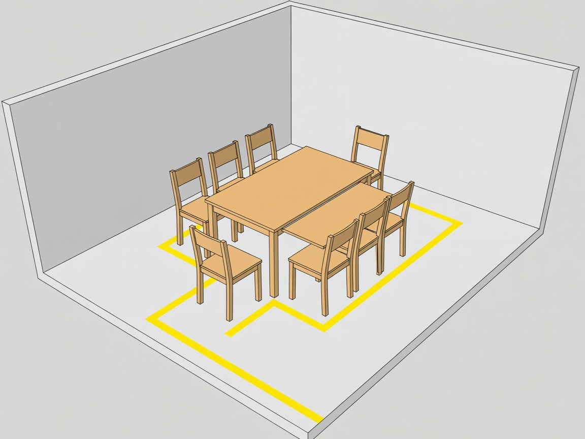 The same conceptual room with the table open, chairs pulled out and the remaining walking route marked
