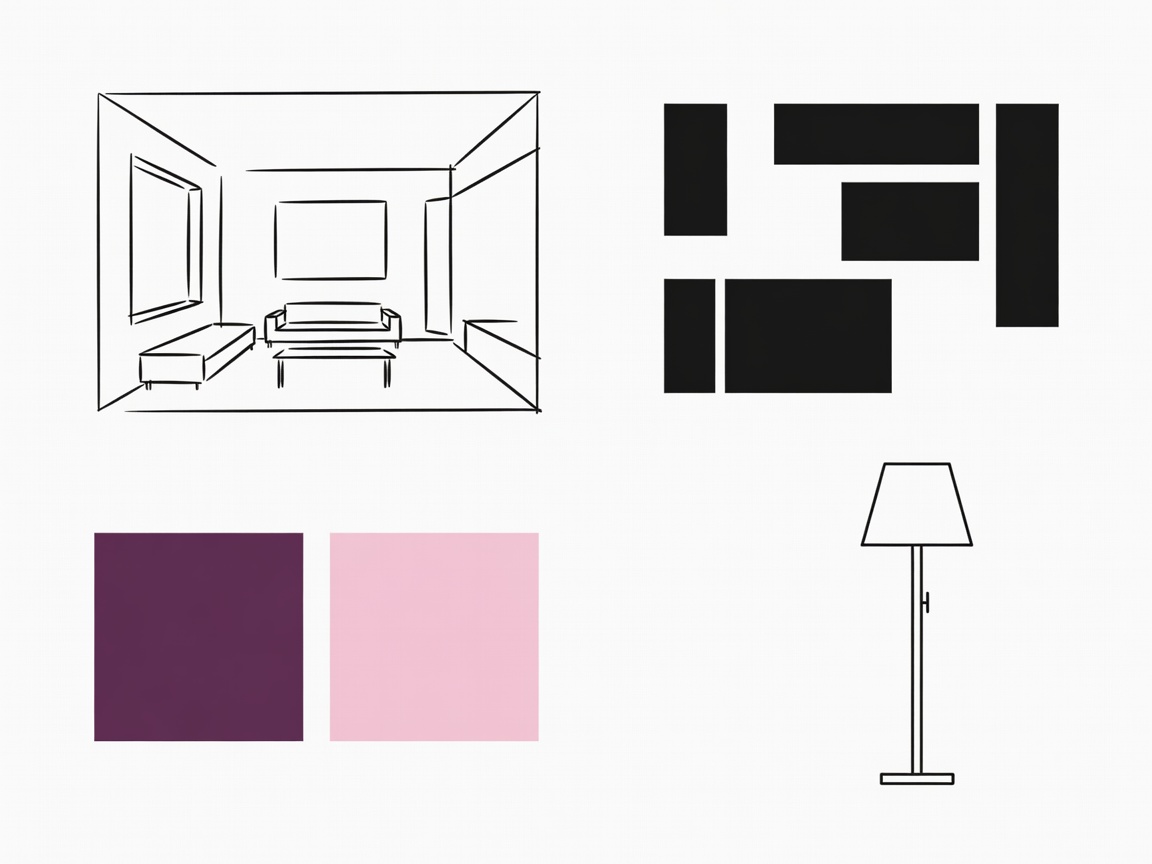 Flat vector planning board with a conceptual room sketch, a furniture footprint, plum and blush samples, and a lamp diagram