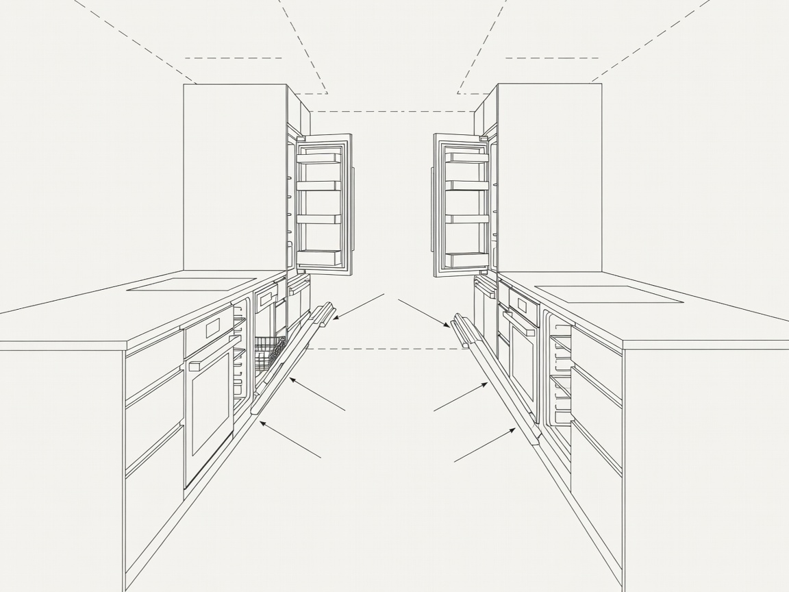 Conceptual galley kitchen with opposing work surfaces and annotated appliance door openings
