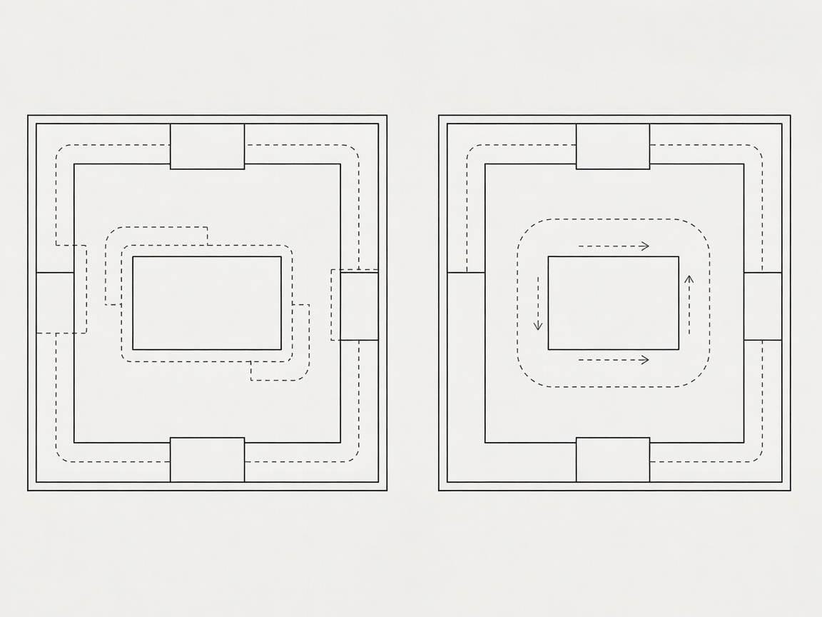 Conceptual kitchen comparing an island footprint with a clear alternative route around a movable table
