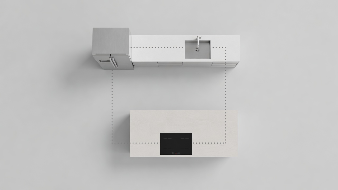 Conceptual kitchen with refrigerator, sink and cooking zones connected by a dotted route and a separate preparation surface