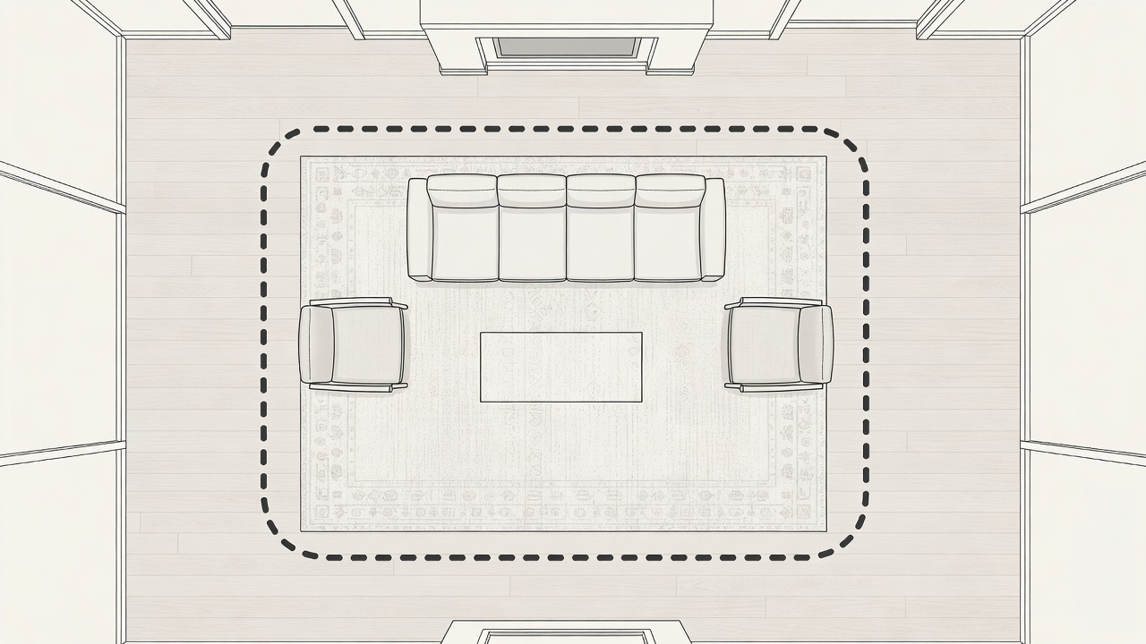 Conceptual living room with a sofa and two chairs grouped around a rug, with a marked circulation route behind the seating