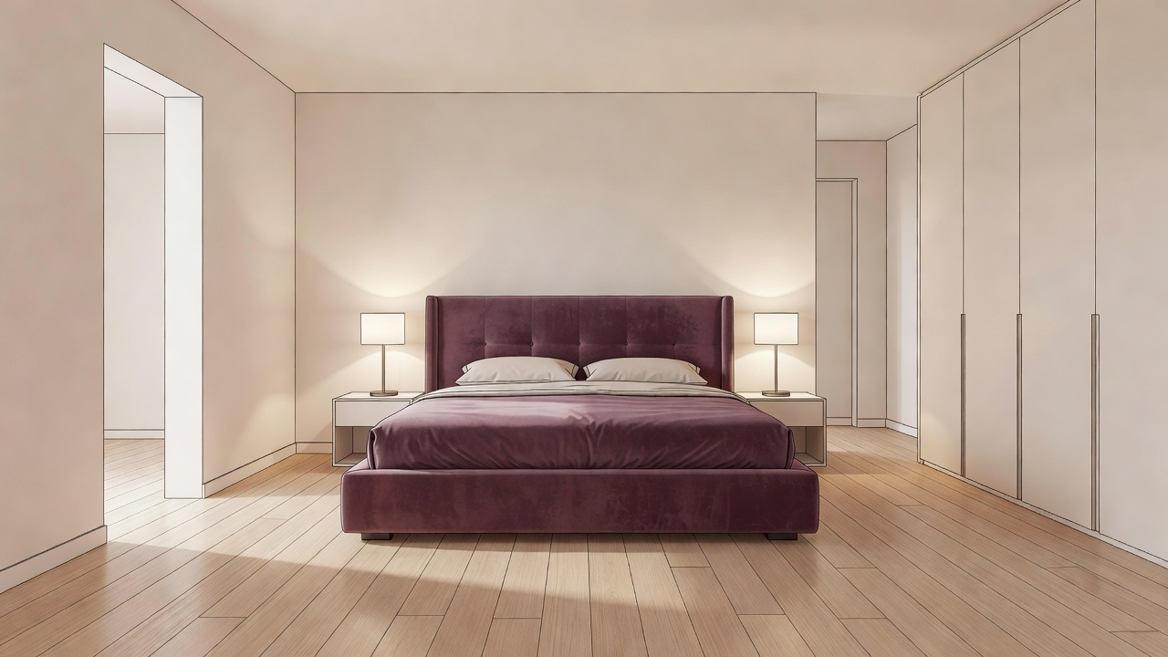 Conceptual bedroom with a plum headboard, separate bedside lamps and clear paths from the doorway to the bed and wardrobe