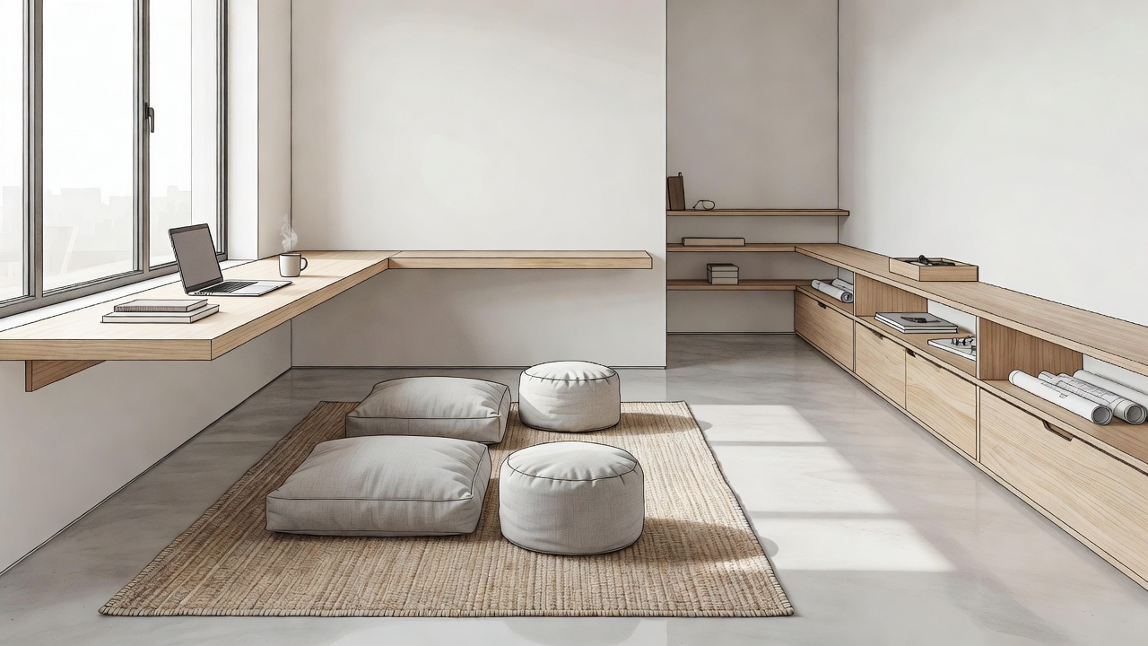 Conceptual compact studio with a defined seating rug, a window-side work surface and a clear route to shallow storage